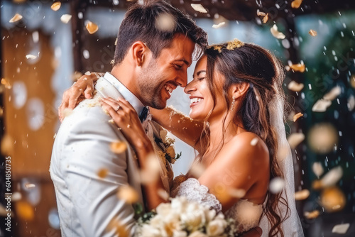 Happy wedding photography of bride and groom at wedding. Smiling couple at wedding, celebrating with family and friends. Generative AI