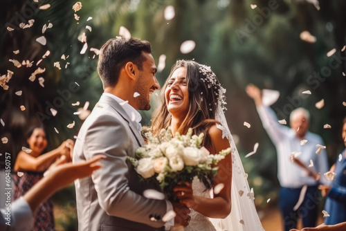 Happy wedding photography of bride and groom at wedding. Smiling couple at wedding, celebrating with family and friends. Generative AI