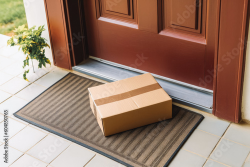 Delivered parcel on door mat near main entrance door. Cardboard box package in front of door. Generative AI