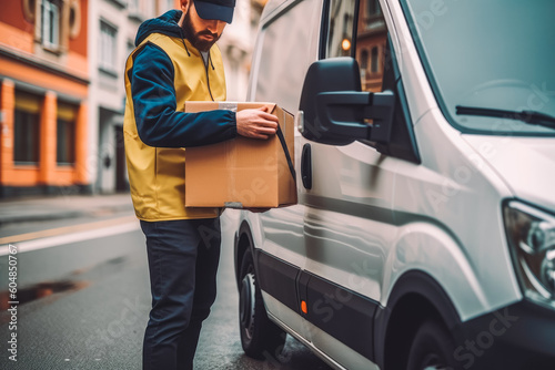 Courier takes out cardboard box package from opened delivery truck. Postman delivering a package. Generative AI