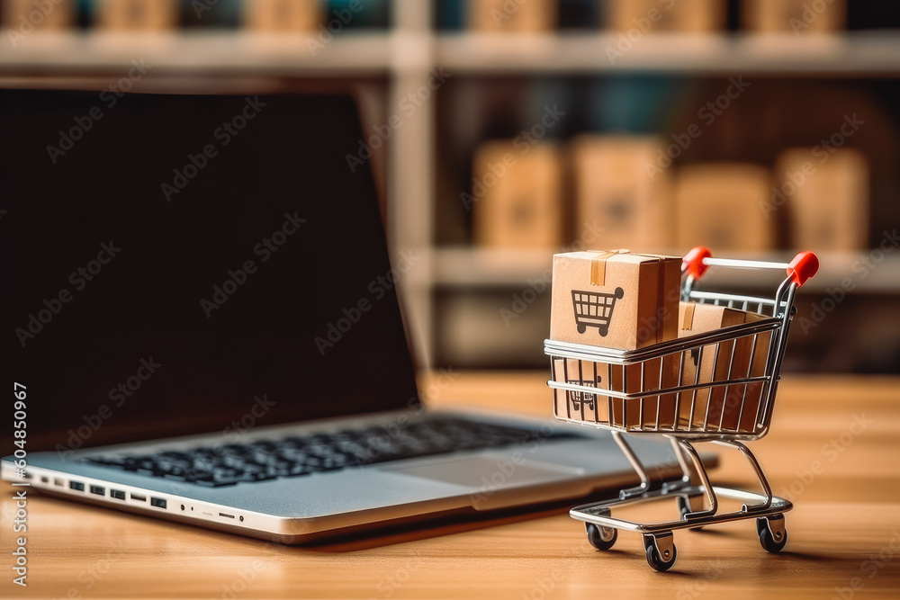 Product package boxes and shopping bag in cart with laptop. Packages and computer on table. Generative AI