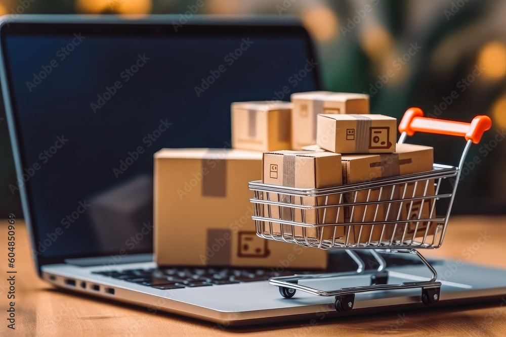 Product package boxes and shopping bag in cart with laptop. Packages and computer on table. Generative AI Product package boxes and shopping bag in cart with laptop. Packages and computer on table. Generative AI