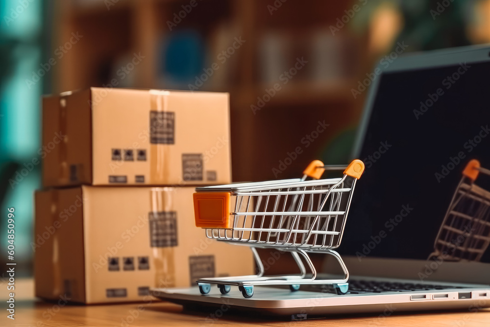 Product package boxes and shopping bag in cart with laptop. Packages and computer on table. Generative AI