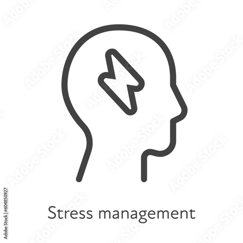 Outline style ui icons soft skill for business collection. Vector black linear illustration. Stress management. Human head profile with shock pain symbol on white. Design for corporate training