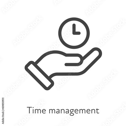 Outline style ui icons soft skill for business collection. Vector black linear illustration. Time management. Hand holding clock symbol on white background. Design for corporate training