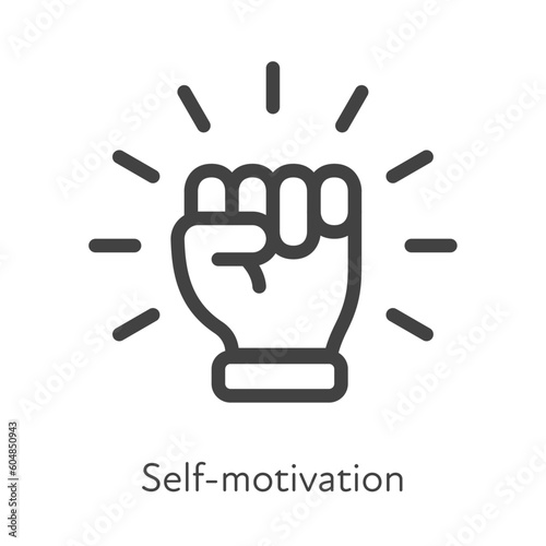 Outline style ui icons soft skill for business collection. Vector black linear illustration. Self motivation. Hand fist with power symbol on white background. Design for corporate training