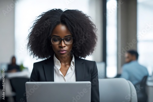 Female Entrepreneur. Cheerful African American Businesswoman Working On Laptop In Modern Office. Business black woman. Copy Space text. Ai generative