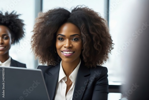 Female Entrepreneur. Cheerful African American Businesswoman Working On Laptop In Modern Office. Business black woman. Copy Space text. Ai generative