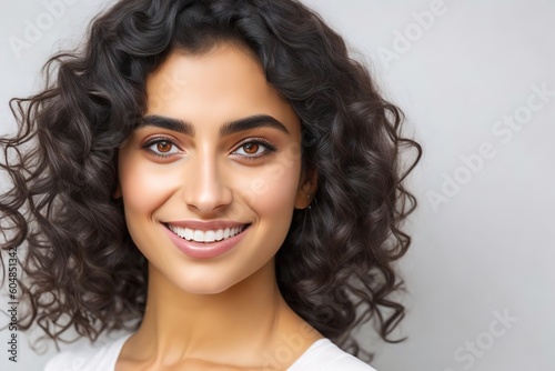 Portrait of a beautiful young arab model looking at camera. With curly hair and clean healthy facial skin. Skin care. Copy space.