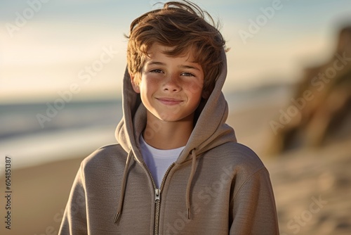 Lifestyle portrait photography of a glad kid male wearing a cozy zip-up hoodie against a serene beach background. With generative AI technology © Markus Schröder