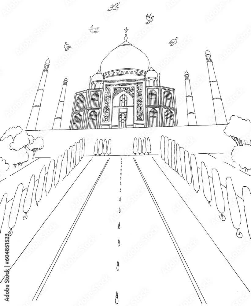 Hand drawn sketch of Taj Mahal in low angle view with pool in front and trees next to it, 5 pigeons flying in the sky, vector illustration