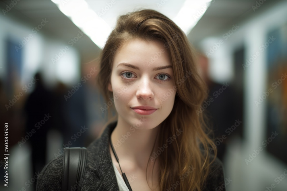 Close-up portrait photography of a glad girl in her 30s wearing an elegant long-sleeve shirt against a modern art gallery background. With generative AI technology Close-up portrait photography of a glad girl in her 30s wearing an elegant long-sleeve shirt against a modern art gallery background. With generative AI technology