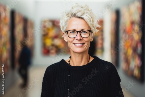 Lifestyle portrait photography of a tender mature girl wearing a cozy sweater against a modern art gallery background. With generative AI technology