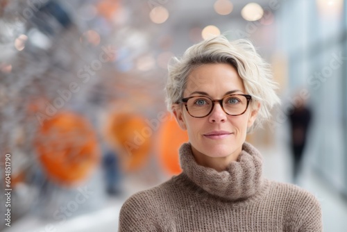 Lifestyle portrait photography of a tender mature girl wearing a cozy sweater against a modern art gallery background. With generative AI technology © Markus Schröder
