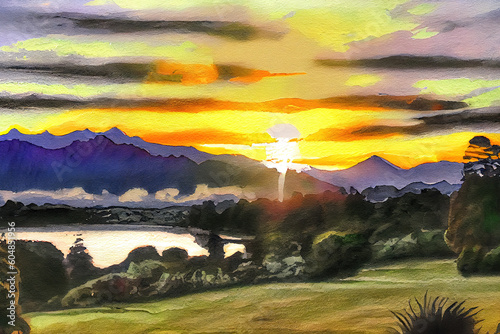 New Zealand sunrise, watercolor oil painting effect. Generative Ai