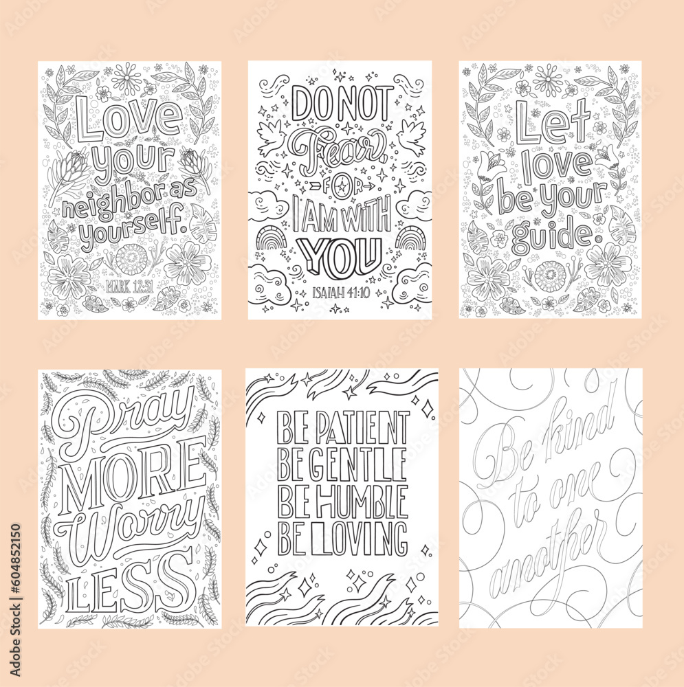 Set of Christian religious coloring pages for children and adults. Bible verses. Printable lettering illustration, modern typography. Adult coloring, hobby.