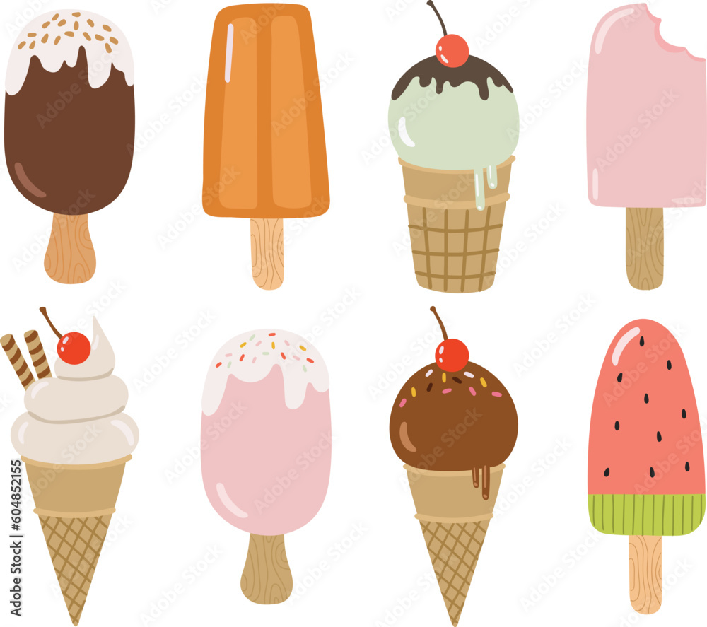 Cute ice creams cartoon set, Summer ice creams vector set, Summer ice creams illustration, Ice creams isolated vector, cute baby illustration