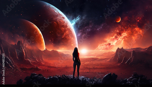 a modern dressed woman standing on top of a hill watching an unknown planet, scifi artwork, generative ai technology