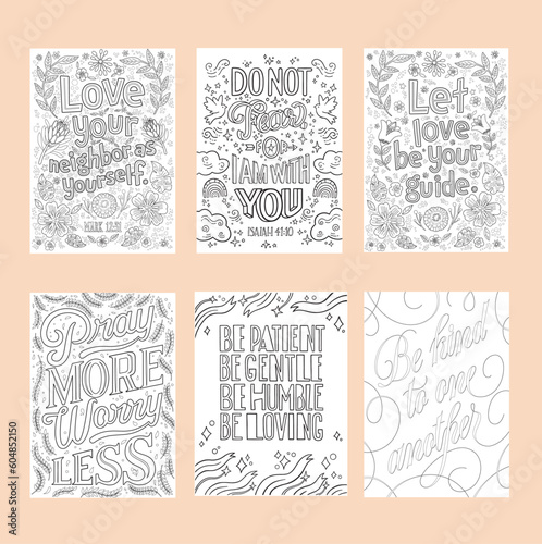 Set of Christian religious coloring pages for children and adults. Bible verses. Printable lettering illustration, modern typography. Adult coloring, hobby.