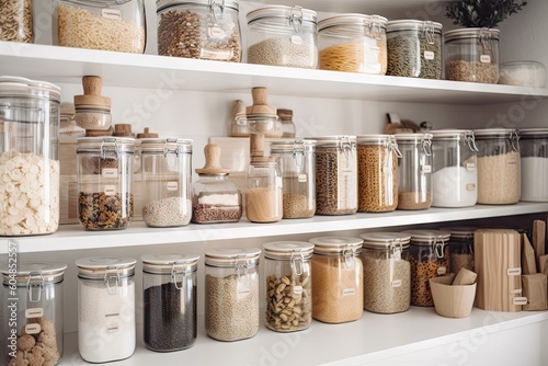a pantry with glass jars and other food storage containers, each labeled for easy use, created with generative ai photo