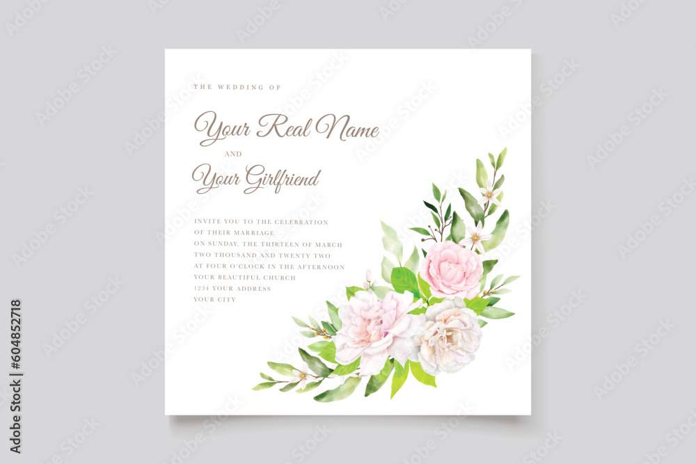 wedding invitation card with floral and leaves set