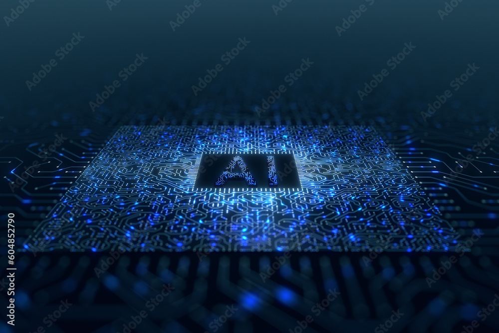 Computer motherboard with AI chip and circuits in digital cyberspace ...