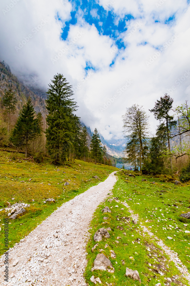 View of the hiking trail towards Lake Obersee in Berchtesgaden