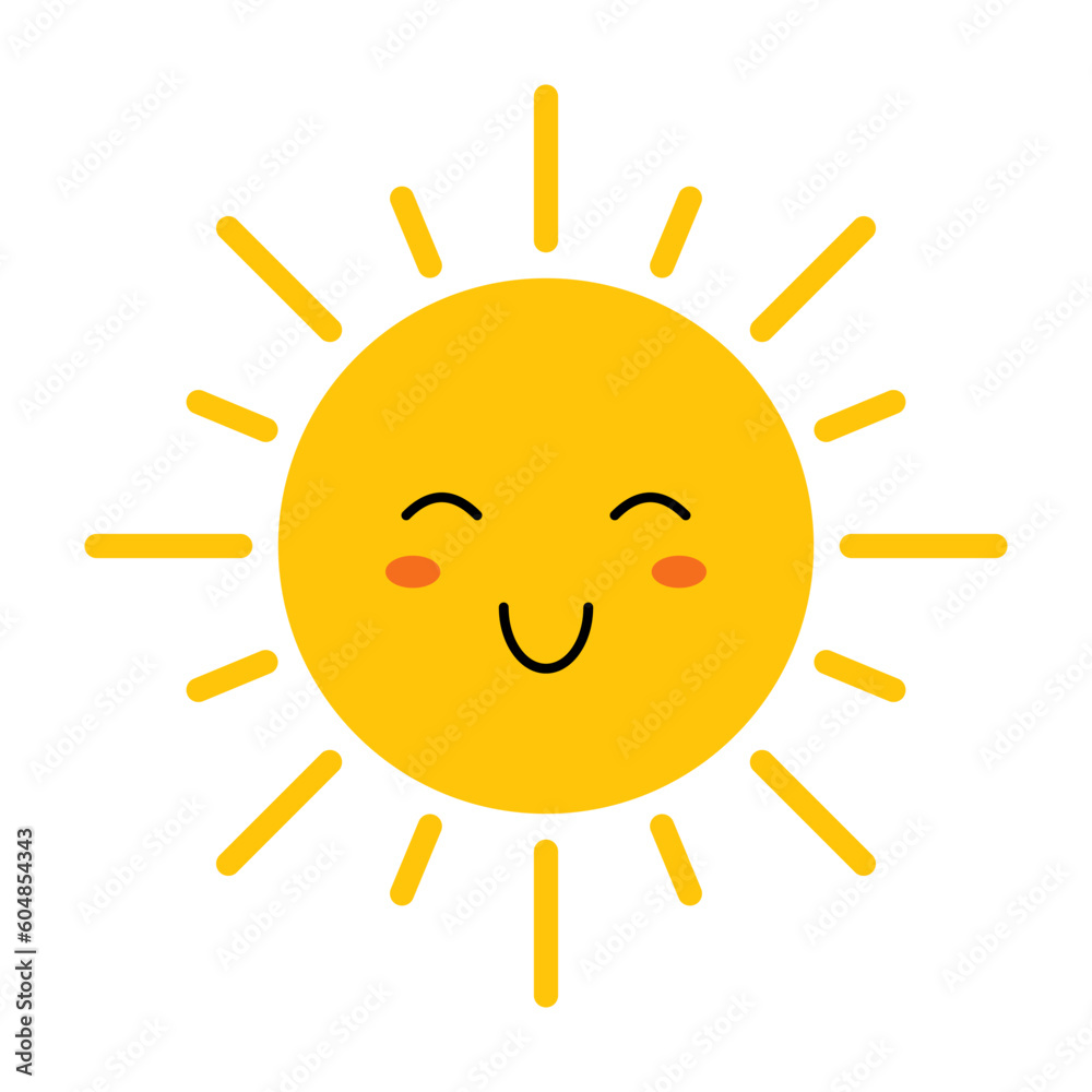 Vector cute sun with face. Funny smiling sun in flat design. Childish sunshine emoji. Simple kawaii sun with sunbeams. Baby sunshine clipart.