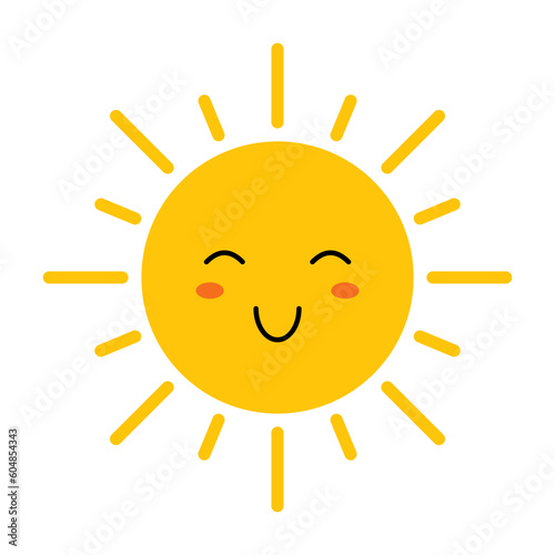 Vector cute sun with face. Funny smiling sun in flat design. Childish sunshine emoji. Simple kawaii sun with sunbeams. Baby sunshine clipart.