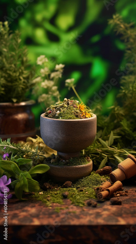 Commercial photography of a mortar with plants and seeds and flowers in the middle wooden table, shot on 35mm lens
