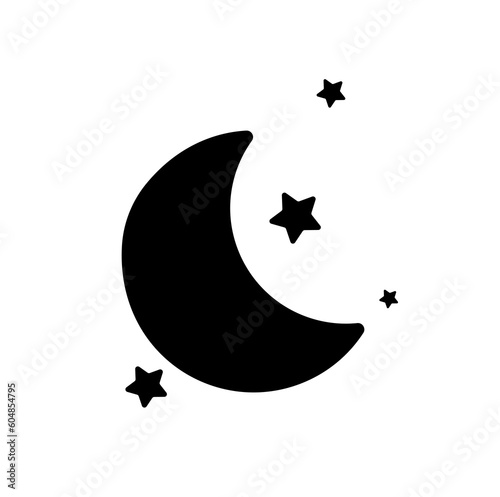 Black icon of the night moon with stars. Lunar cycle symbol. Full moon stage, crescent. vector illustration
