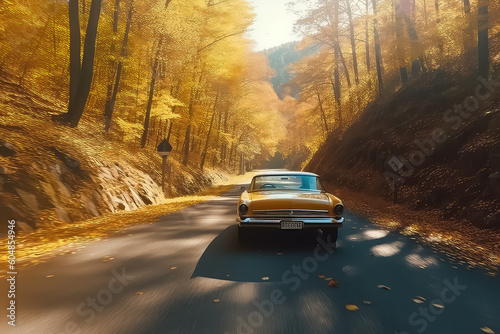 the car drives along a beautiful autumn road  AI