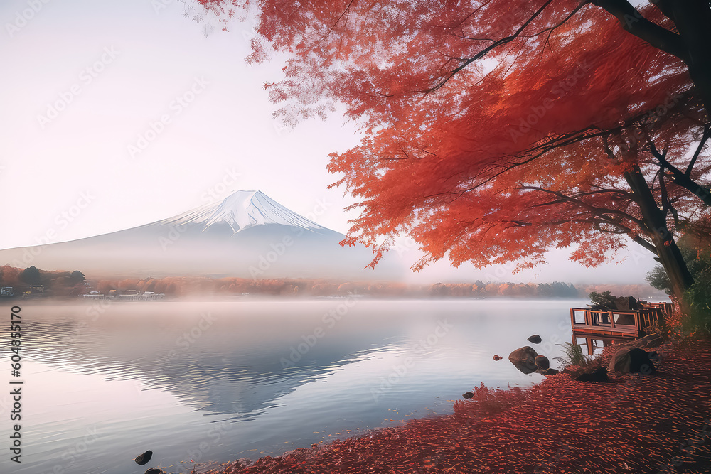 Colorful autumn season and Mount Fuji with red leaves at Lake Kawaguchiko, AI