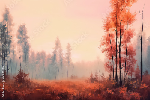 autumn forest near the river, orange and red leaves, AI