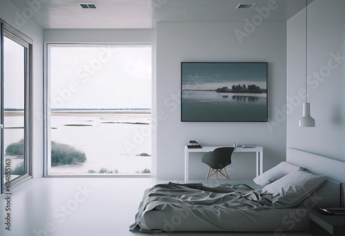 Bright bedroom with a river view - IA generative