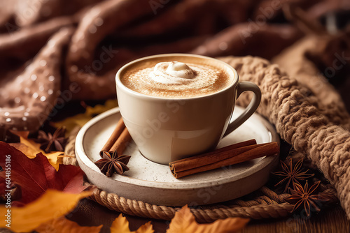 Autumn sweet hot drink with cinnamon and various spices  AI