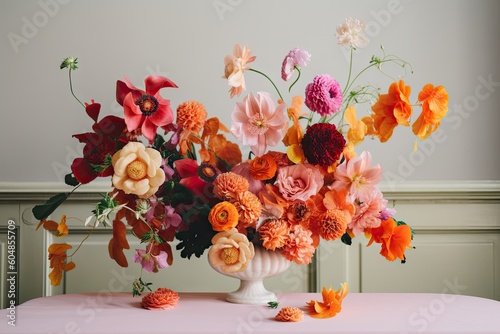 asymmetrical vase arrangement with bold and unconventional blooms, created with generative ai photo