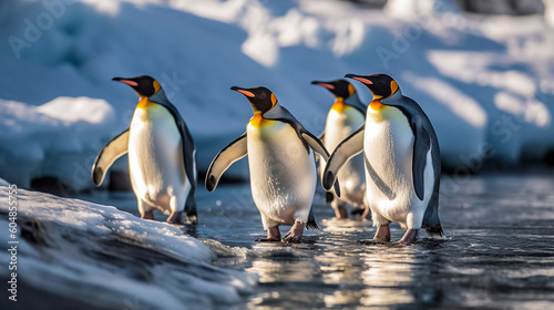 Three penguins walking on a rock
