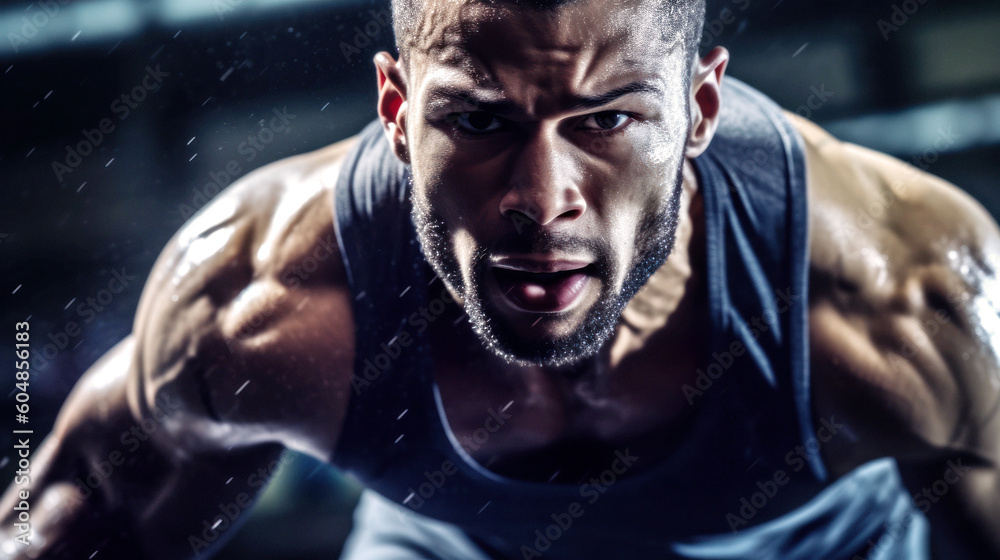 In the high-tech gym, a determined athlete pushes through an intense training, his muscles rippling with effort, reflecting his unyielding spirit. Generative AI In the high-tech gym, a determined athlete pushes through an intense training, his muscles rippling with effort, reflecting his unyielding spirit. Generative AI