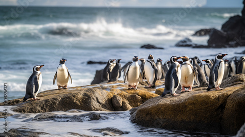 Three penguins walking on a rock