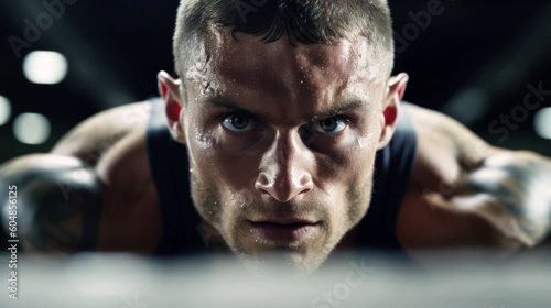 In the high-tech gym, a determined athlete pushes through an intense training, his muscles rippling with effort, reflecting his unyielding spirit. Generative AI