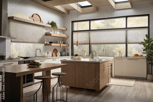 a sunny kitchen, with automated blinds and shades filtering the light and providing privacy, created with generative ai