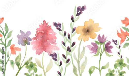 Bilde på lerret Watercolor wildflowers and butterfly seamless border illustration, meadow flower