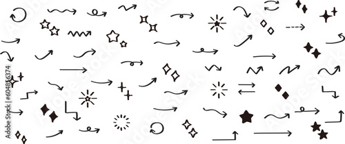 かわいい手書きの矢印・星・キラキラセット　   Set of hand drawn arrows and shining