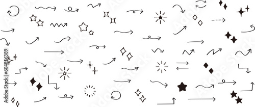 かわいい手書きの矢印・星・キラキラセット　   Set of hand drawn arrows and shining
