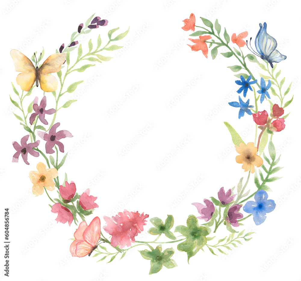 Watercolor wildflowers and butterfly wreath illustration, meadow flowers frame clipart