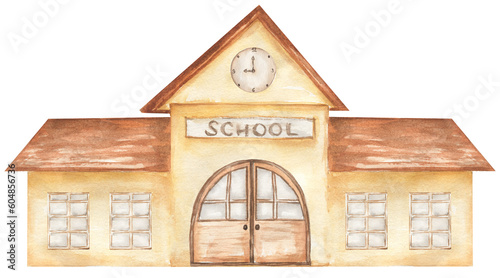 watercolor school house clip art, architecture illustration. School building clipart.