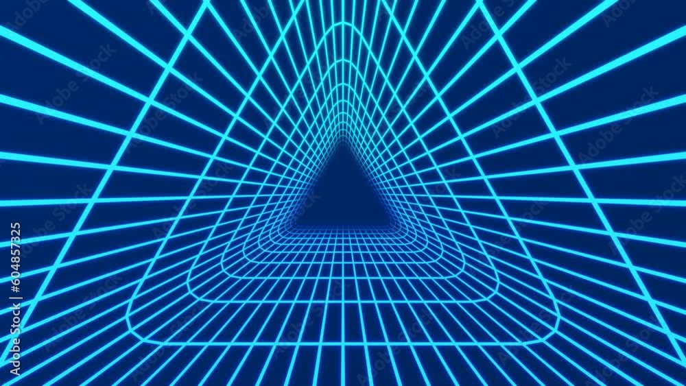 Blue retro neon triangle wireframe tunnel loop animation background
