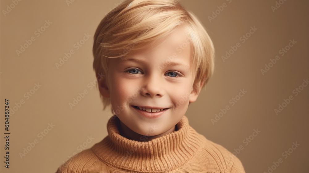 A smiling blond little boy posing against a beige background. Generative AI A smiling blond little boy posing against a beige background. Generative AI