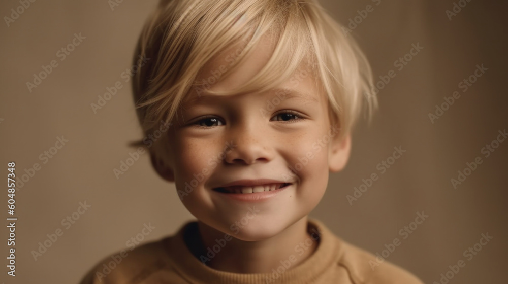 A smiling blond boy poses in a beige studio. Generative AI A smiling blond boy poses in a beige studio. Generative AI